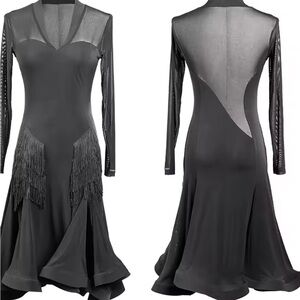 Chic Black Long Sleeve Dress with Fringe Details